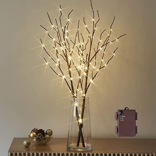 ענפים חומים מוארים של Birchlitland 32in 100 ב 100 LED עם סוללת טיימר מופעלת, ענף עץ מלאכותי עם אורות ענף ערבים חמים לאח חדר