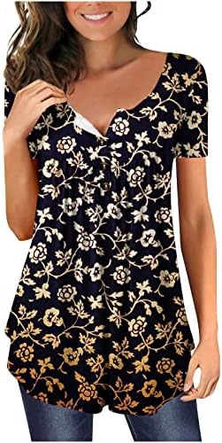 נשים מקרית טוניקת חולצות ללבוש עם חותלות פרחוני הדפסה קצר שרוול חולצות קפלים זורם כפתור הנלי חולצות