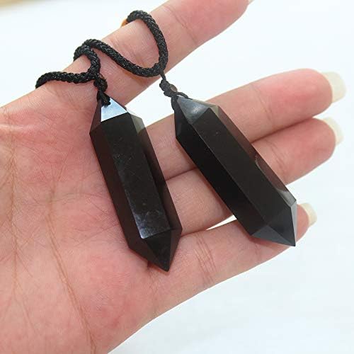 Runyangshi Black Obsidian ריפוי גביש תליונים, שרשרת קוורץ קריסטל טבעית כפולה מחודדת 6