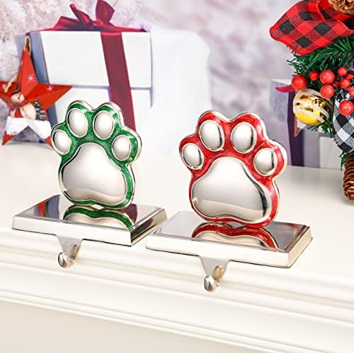 מחזיקי גרב לחג המולד למערכת מנטל של 2, כפות כלבים אדומות וכלב ירוק מכפה תליוני גרב מחזיק גרב מתכת לקישוטי מנטל
