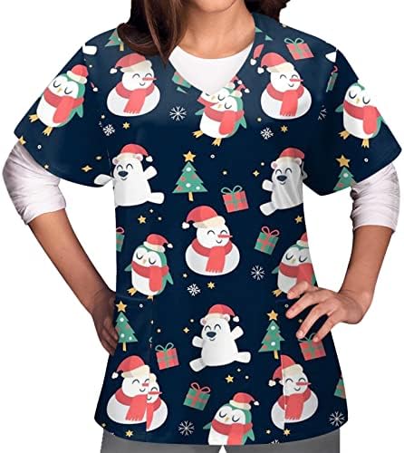 חג המולד חולצות לנשים מקרית קצר שרוול צווארון עבודה אחיד חג המולד הדפסת כיס חולצה טוניקת חולצות