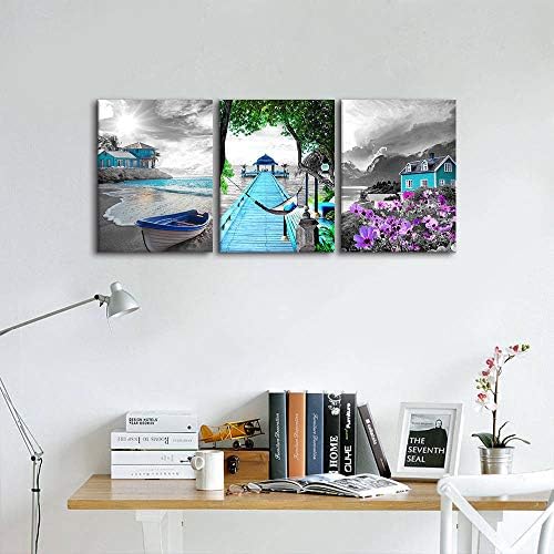 3 יצירות אמנות קיר בד לסלון - נוף שחור ולבן אוקיינוס ​​חוף צביעה פרח סגול טורז